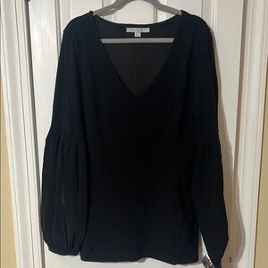 Boston Proper Black V-Neck Women's Top XL with puff sleeve